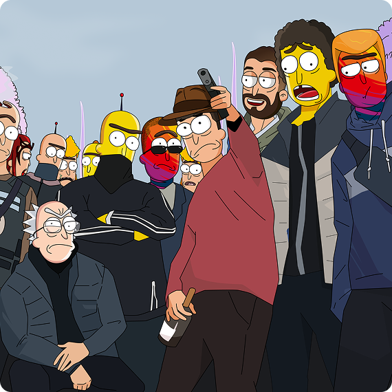 Illustration of back alley gangster group selfie